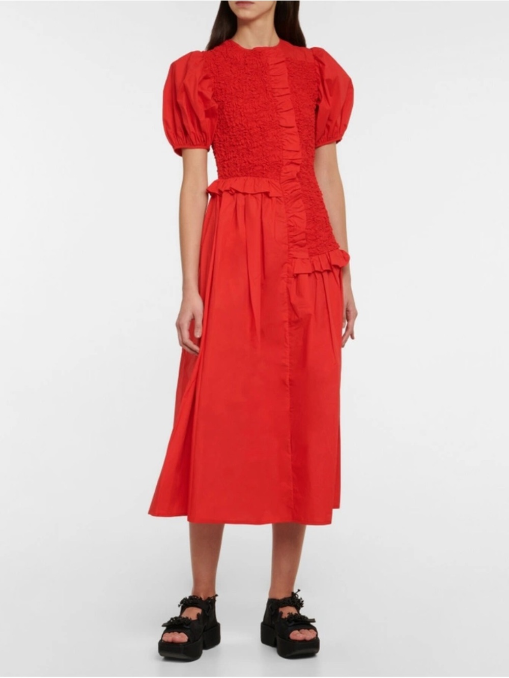 Cecilie Bahnsen Camden Ruffled smocked Cotten blend poplin Midi Dress
